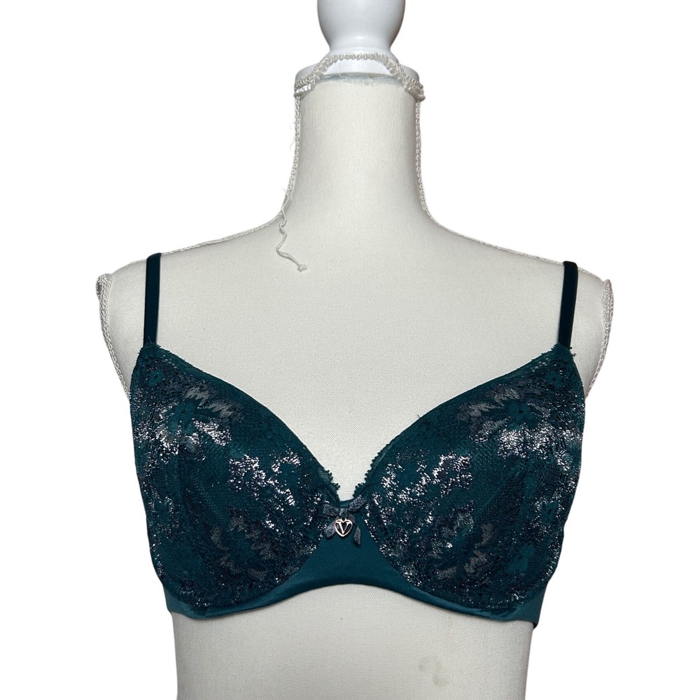 Victoria's Secret Body By Victoria Lined Demi Green‎ Lace Bra 32D Heart